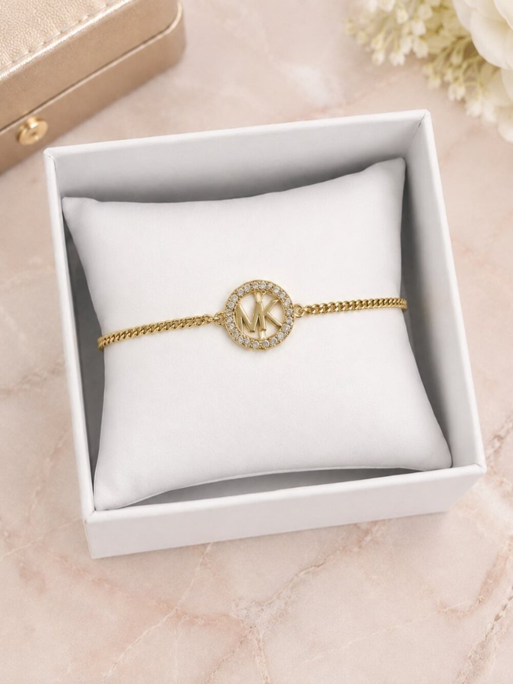 Michael Kors Gold Tone Crystal MK Logo Slider Bracelet Adjustable NWT